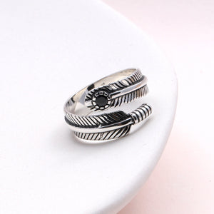 Sterling Silver Feather Ring With Black Stone - sterling silver-NuNu jewellery