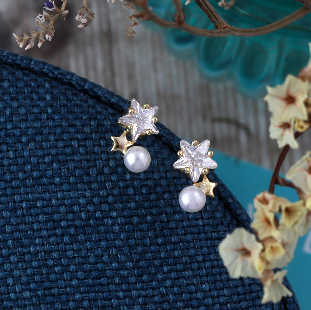 Crystal Star with Pearl Stud Earrings - sterling silver-NuNu jewellery