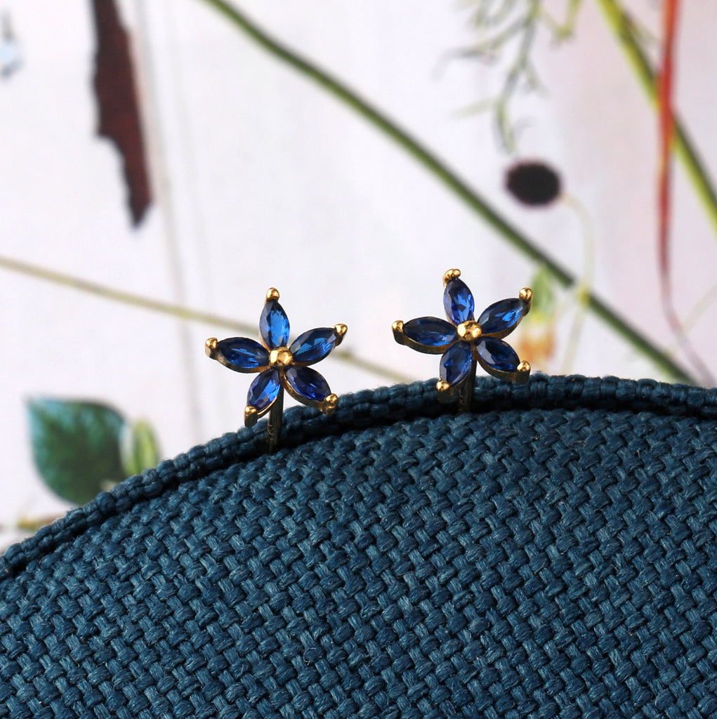 Blue Gem Flower Stud Earrings - sterling silver-NuNu jewellery