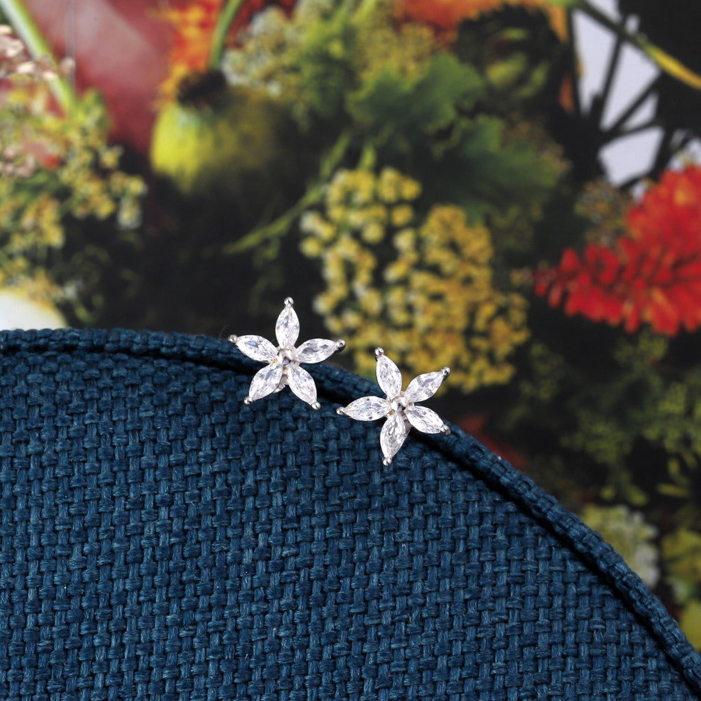 Clear Gem Flower Stud Earrings - sterling silver-NuNu jewellery