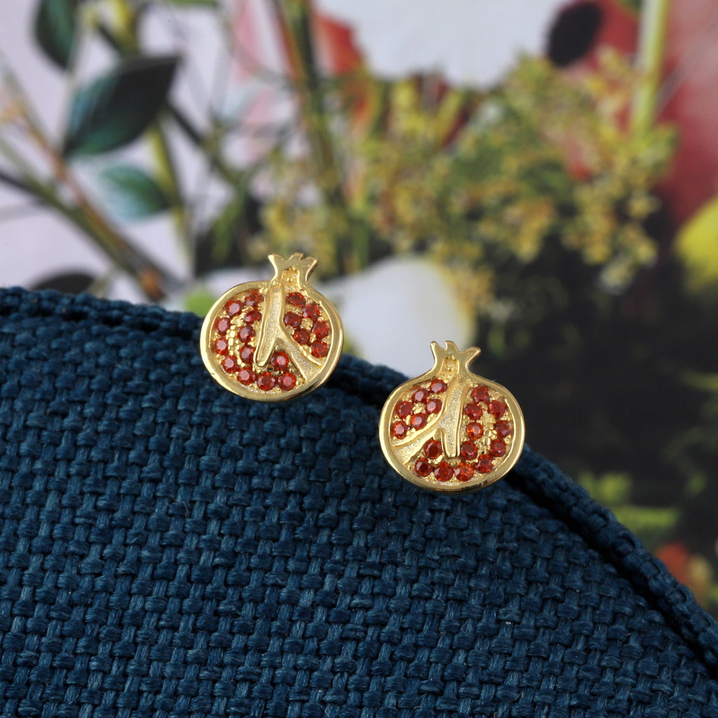 Gold Pomegrante with Red Crystals Stud Earrings - sterling silver-NuNu jewellery