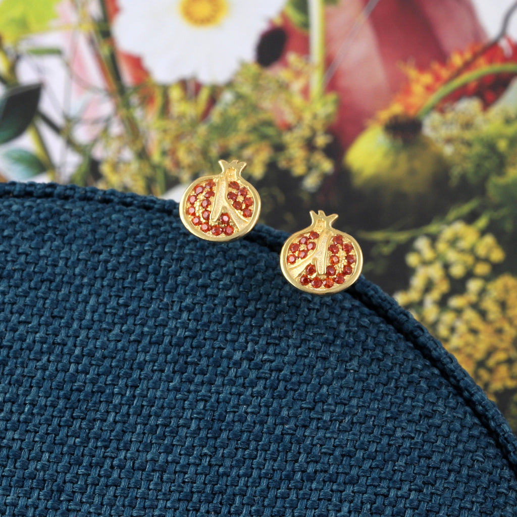 Gold Pomegrante with Red Crystals Stud Earrings - sterling silver-NuNu jewellery