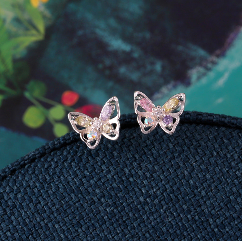 Crystal Rainbow Butterfly Stud Earrings - sterling silver-NuNu jewellery