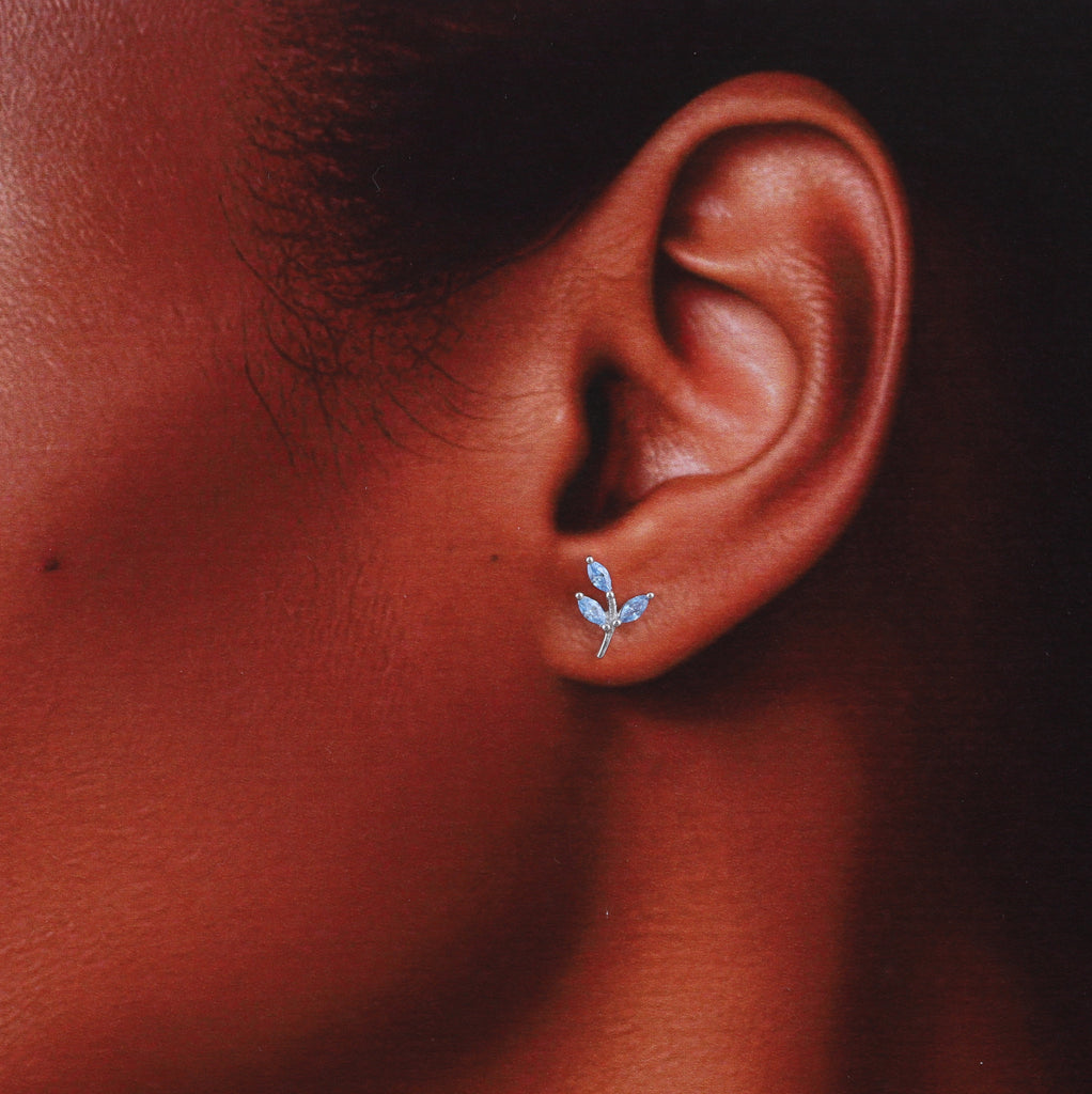 Blue Leaf Crystal Earrings Studs - sterling silver-NuNu jewellery