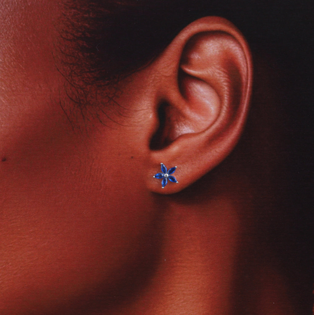 Blue Gem Flower Stud Earrings - sterling silver-NuNu jewellery