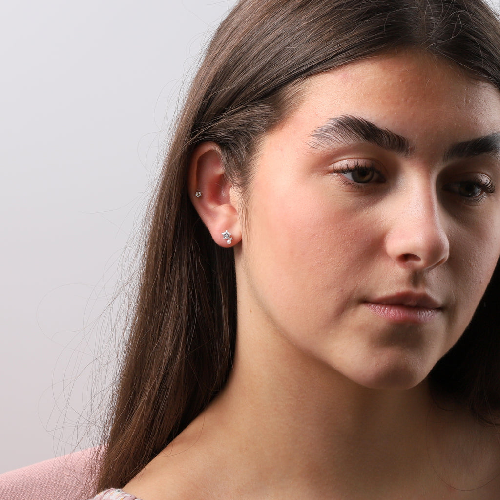 Crystal Star with Pearl Stud Earrings - sterling silver-NuNu jewellery