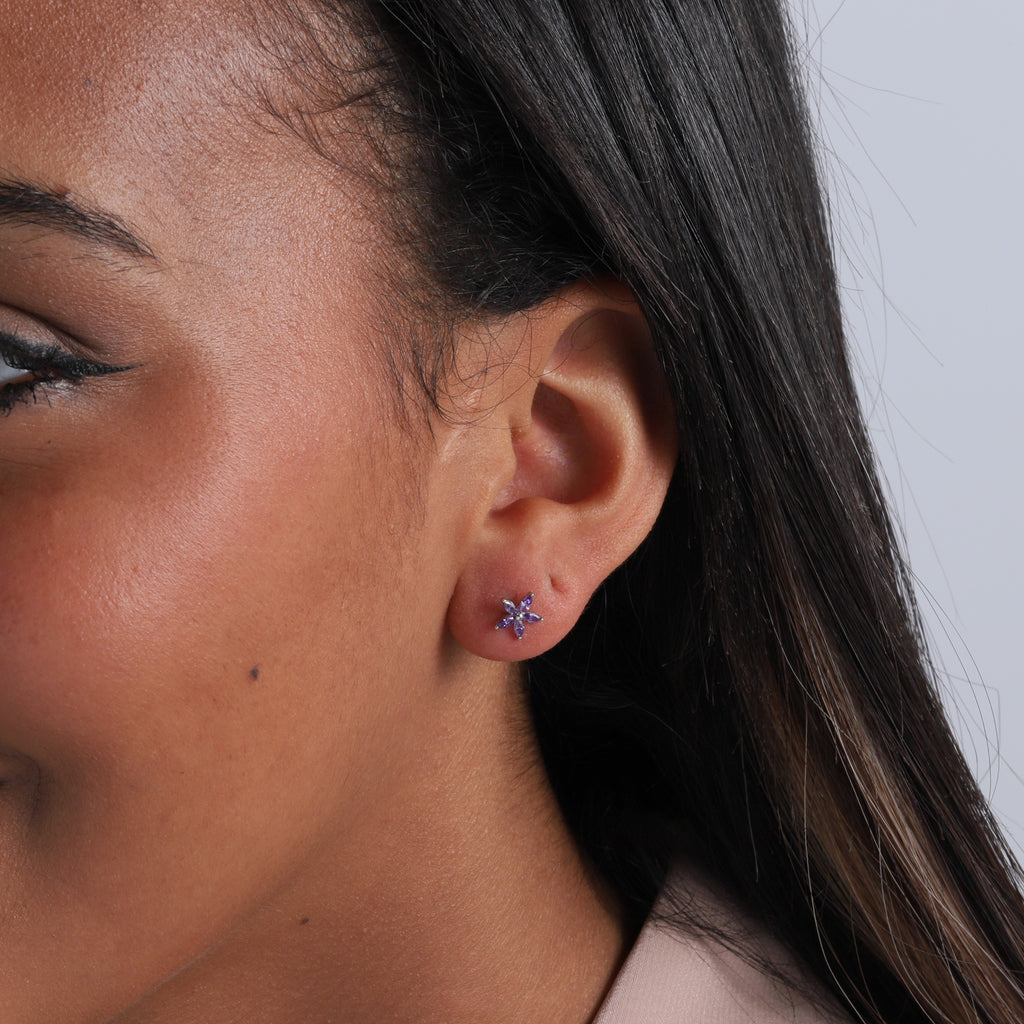 Purple Gem Flower Stud Earrings - sterling silver-NuNu jewellery