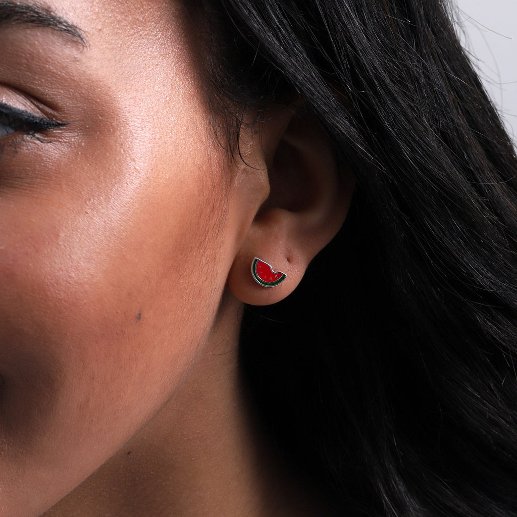 Mini Enamel Watermelon Earring Studs - sterling silver-NuNu jewellery