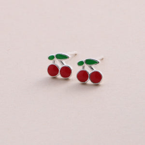 Sterling silver Enamel cherry ear studs - sterling silver-NuNu jewellery