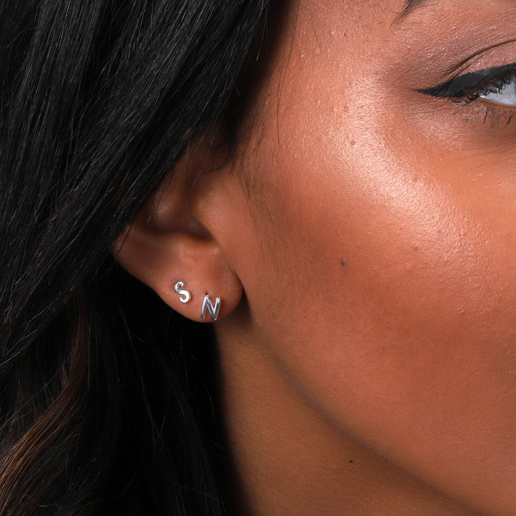 Sterling Silver Initial Earrings Stud - sterling silver-NuNu jewellery