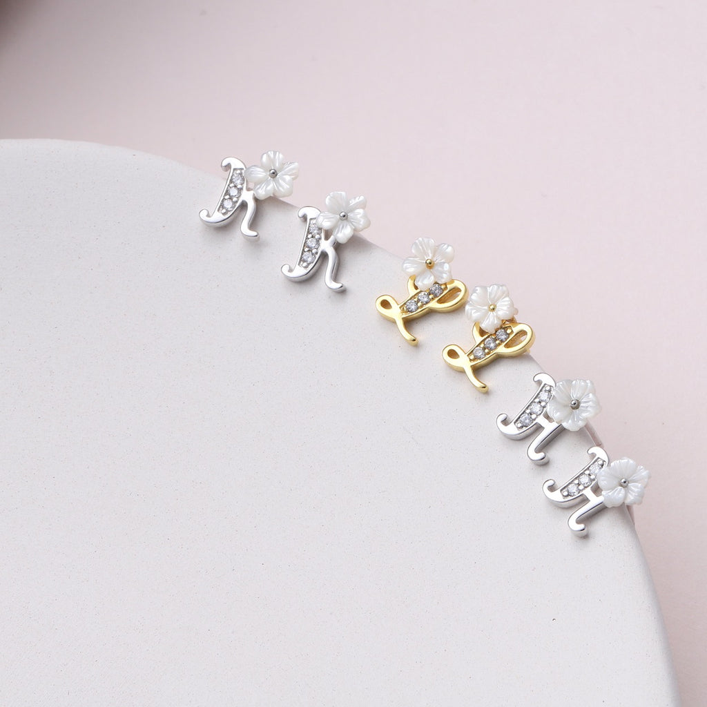 Sterling silver floral alphabet necklace or earring studs MNOP - sterling silver-NuNu jewellery