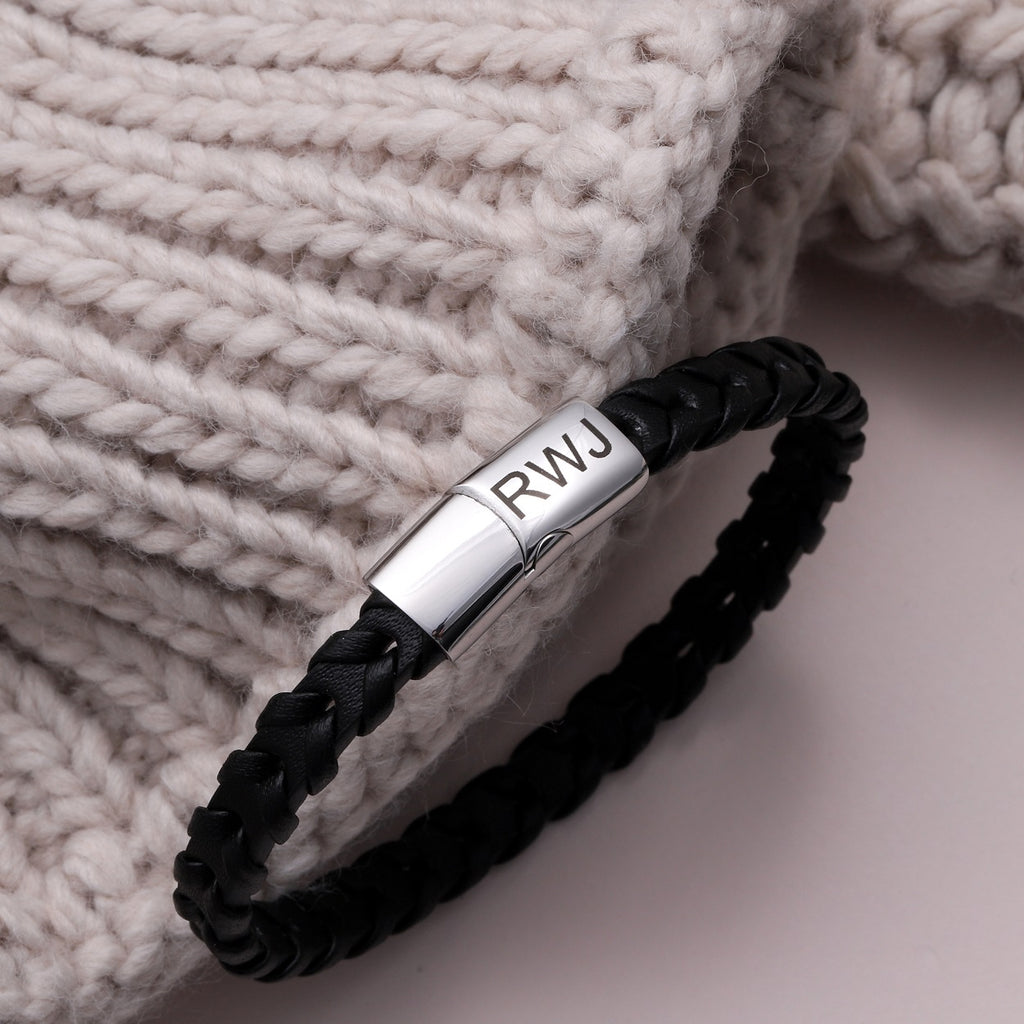 Personalised Braided Leather Bracelet For Men - sterling silver-NuNu jewellery