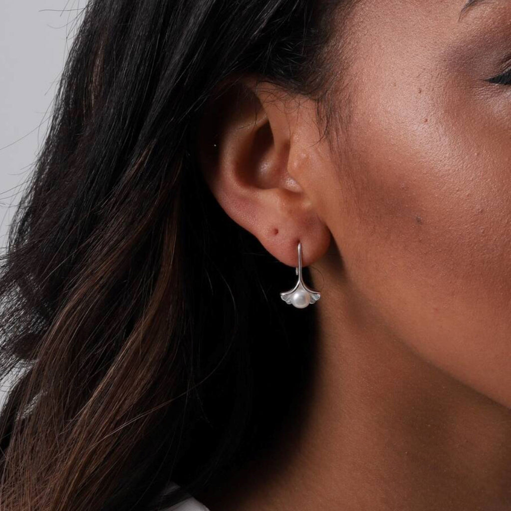 Sterling Silver Lotus Pearl Drop Earrings - sterling silver-NuNu jewellery