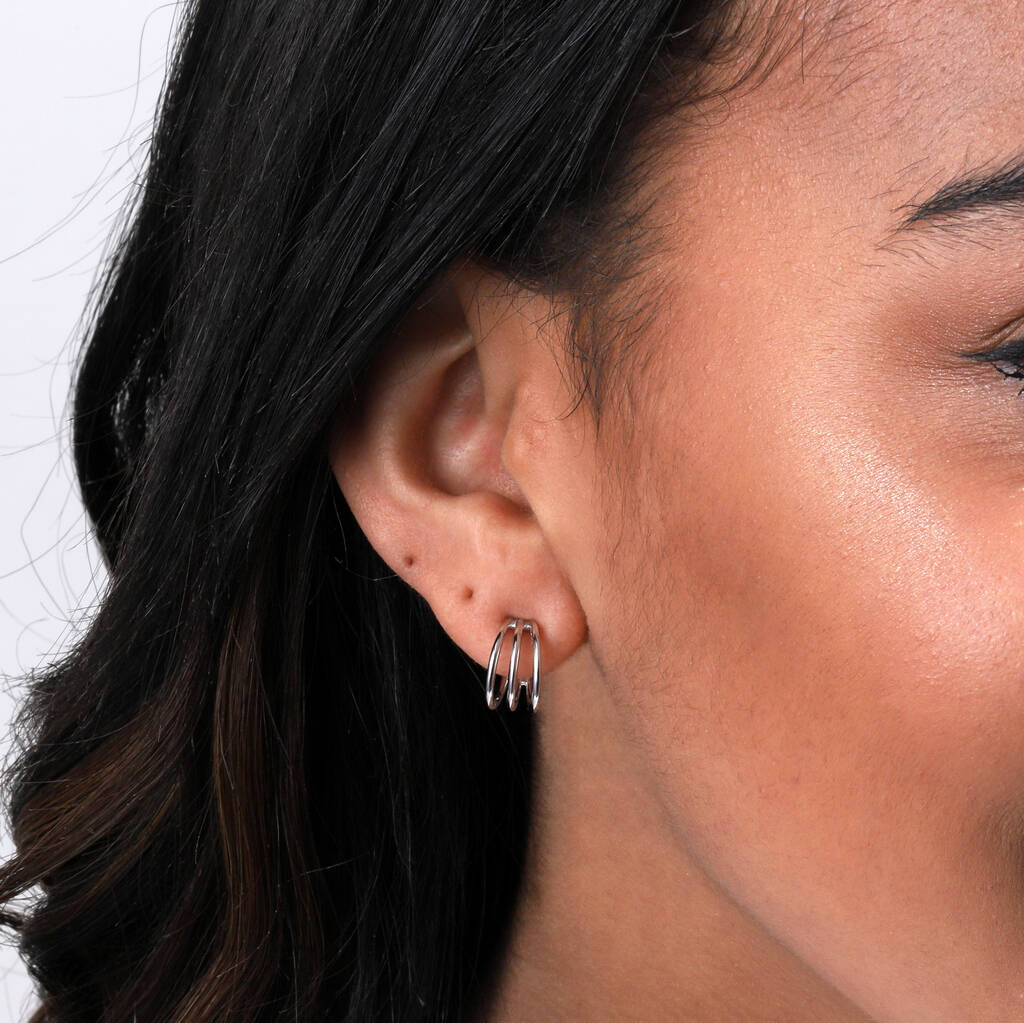 Sterling Silver Three Line Earrings Studs - sterling silver-NuNu jewellery