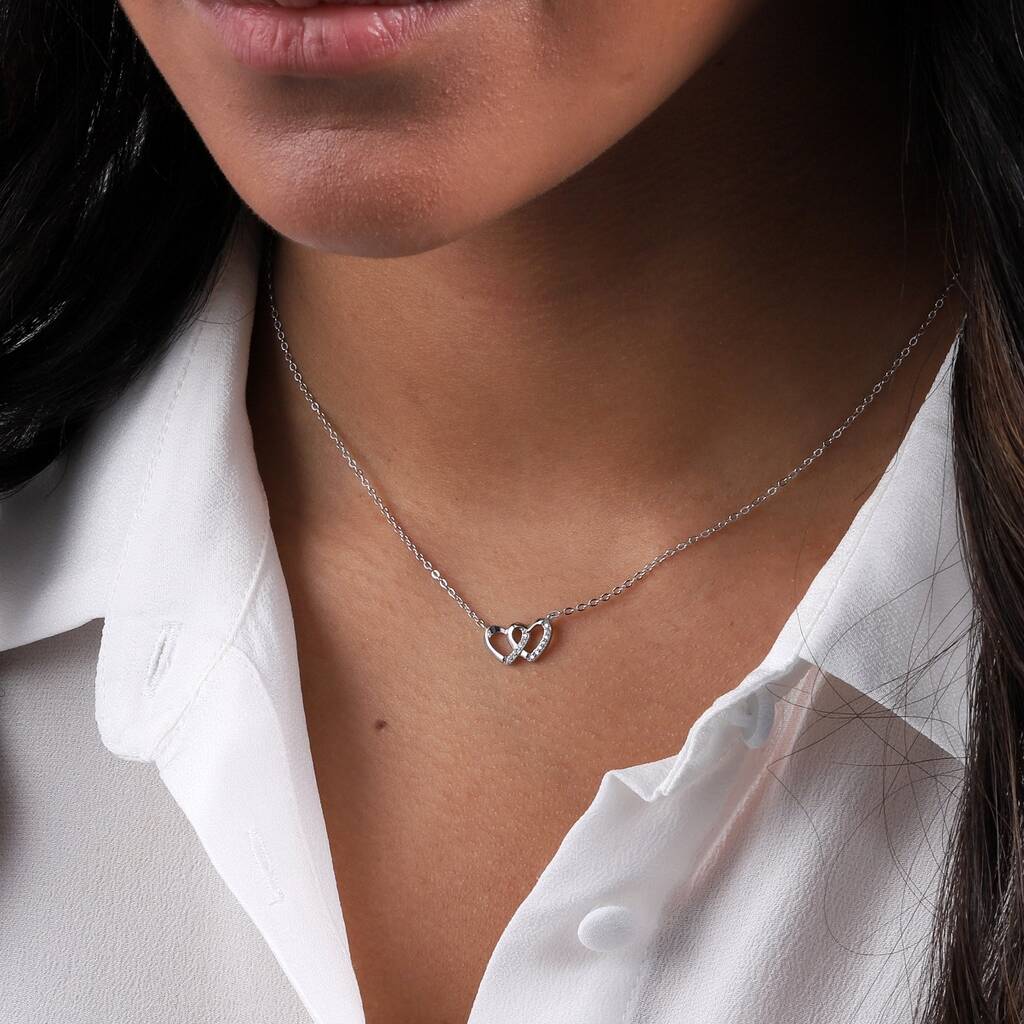 Sterling Silver Crystal Joined Hearts Necklace - sterling silver-NuNu jewellery