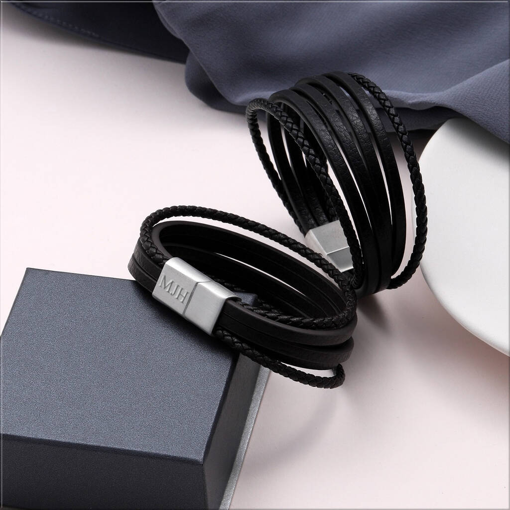 Personalised Multi Strand Leather Bracelet For Men - sterling silver-NuNu jewellery