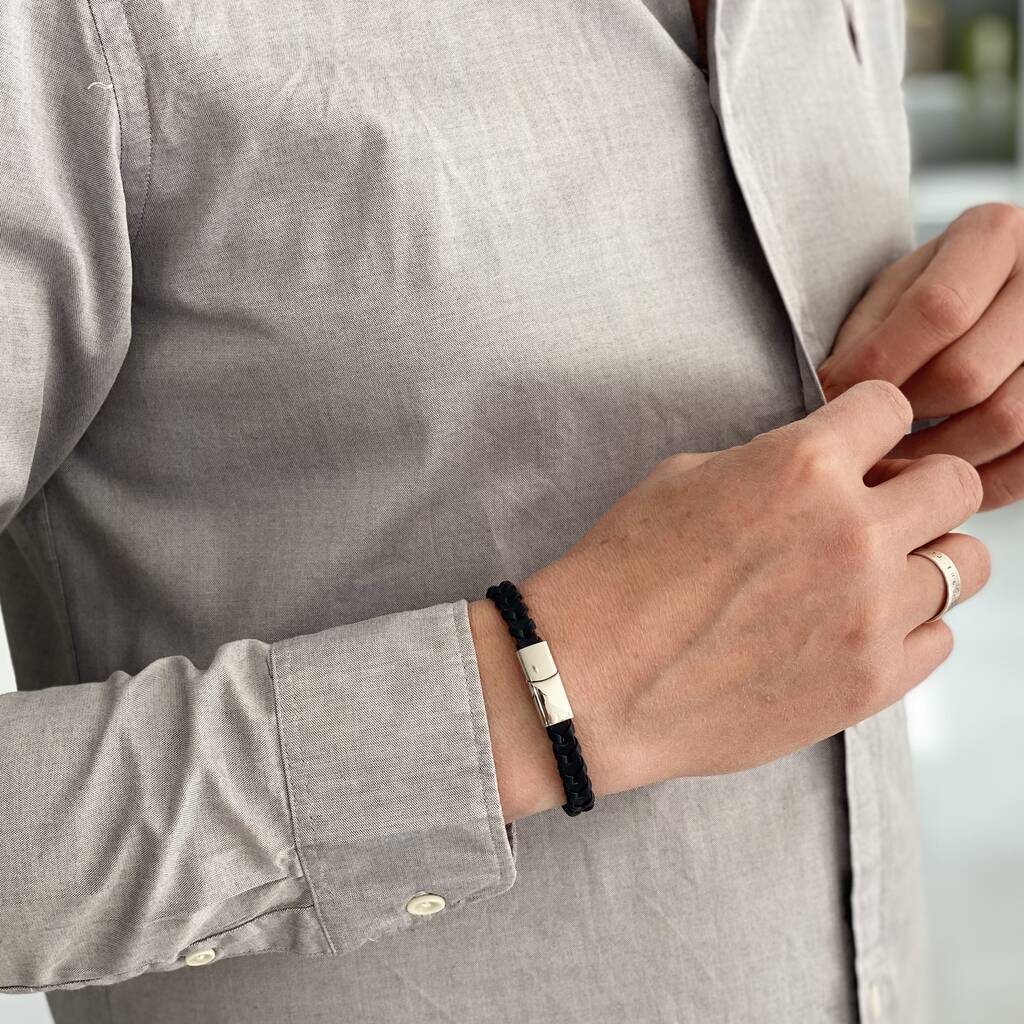 Personalised Braided Leather Bracelet For Men - sterling silver-NuNu jewellery
