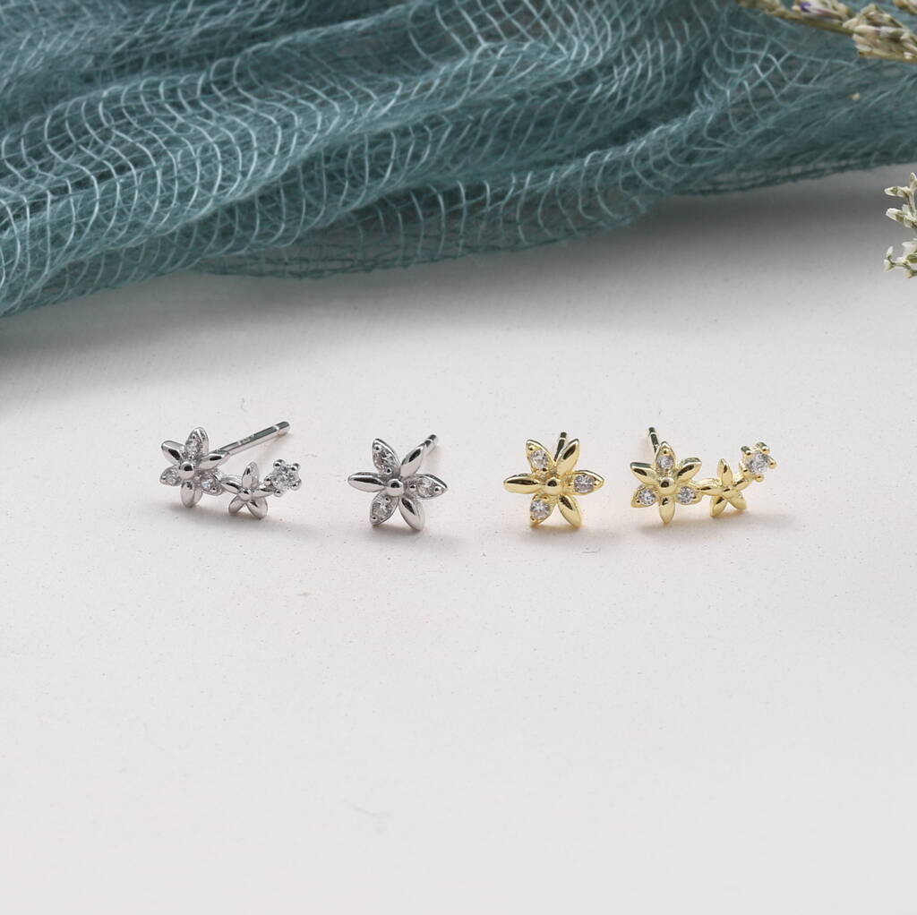 Sterling Silver Asymmetric Crystal Flower Earring Studs - sterling silver-NuNu jewellery
