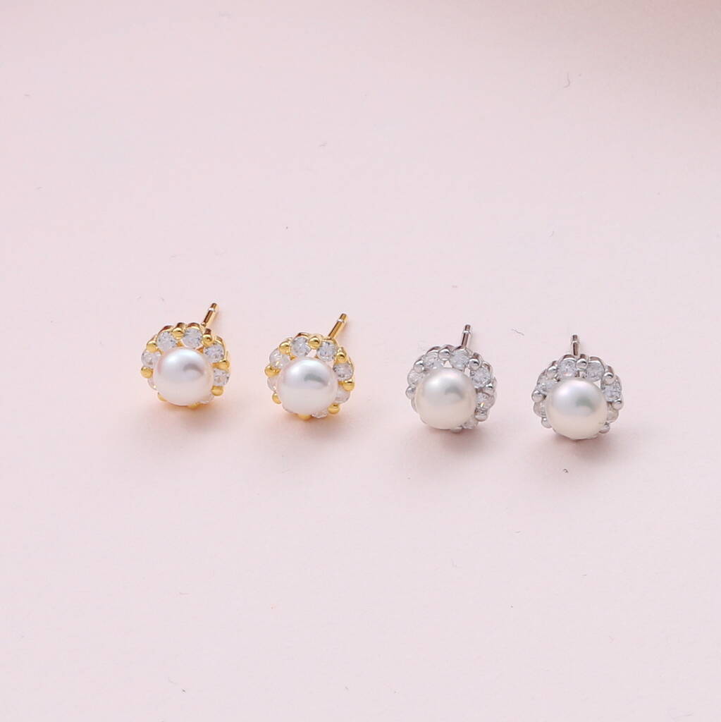 Sterling Silver Pearl And Crystal Earring Studs - sterling silver-NuNu jewellery